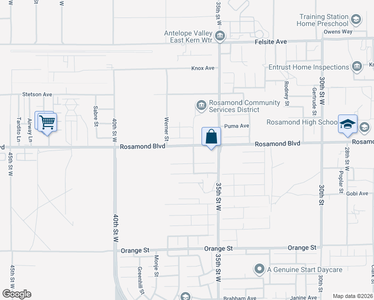 map of restaurants, bars, coffee shops, grocery stores, and more near Rosamond Boulevard in Rosamond
