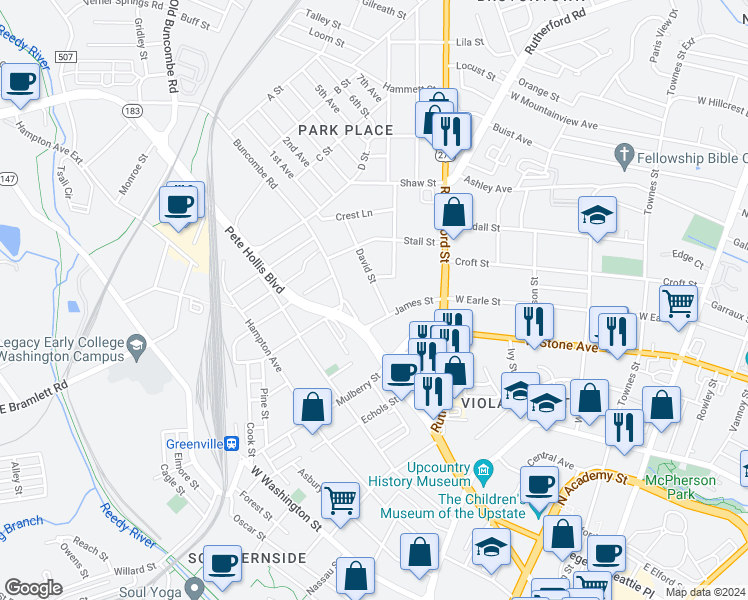 map of restaurants, bars, coffee shops, grocery stores, and more near 9 David Street in Greenville