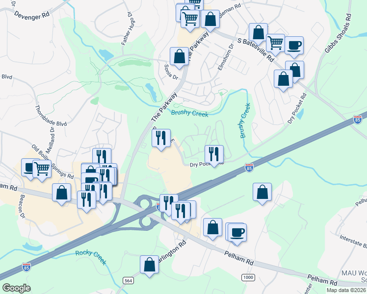 map of restaurants, bars, coffee shops, grocery stores, and more near 75 Crestmont Way in Greenville