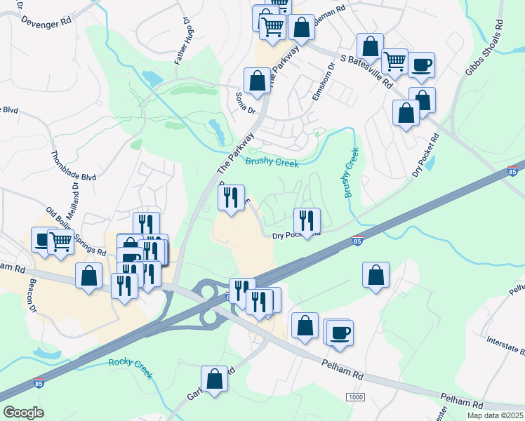 map of restaurants, bars, coffee shops, grocery stores, and more near 75 Crestmont Way in Greenville