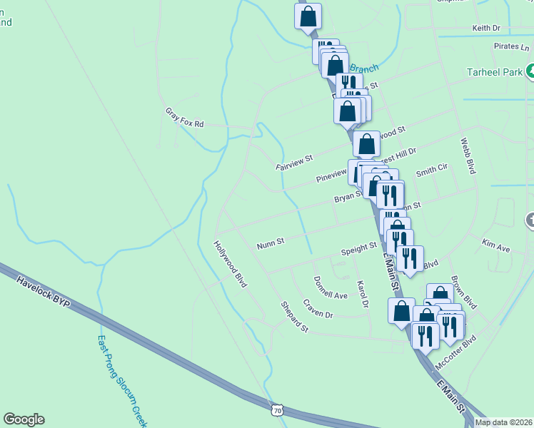 map of restaurants, bars, coffee shops, grocery stores, and more near 214 Bryan Street in Havelock