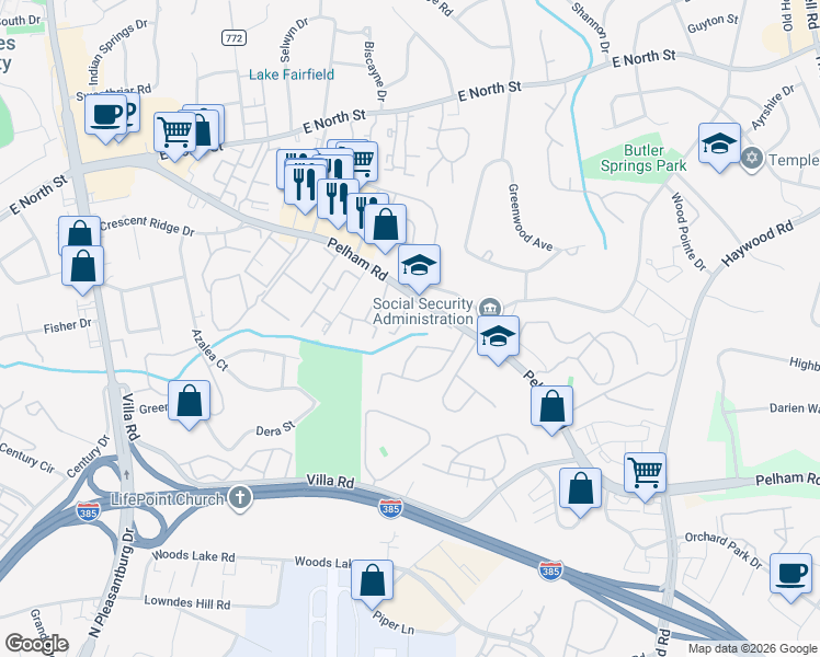map of restaurants, bars, coffee shops, grocery stores, and more near 172 Ingleoak Lane in Greenville