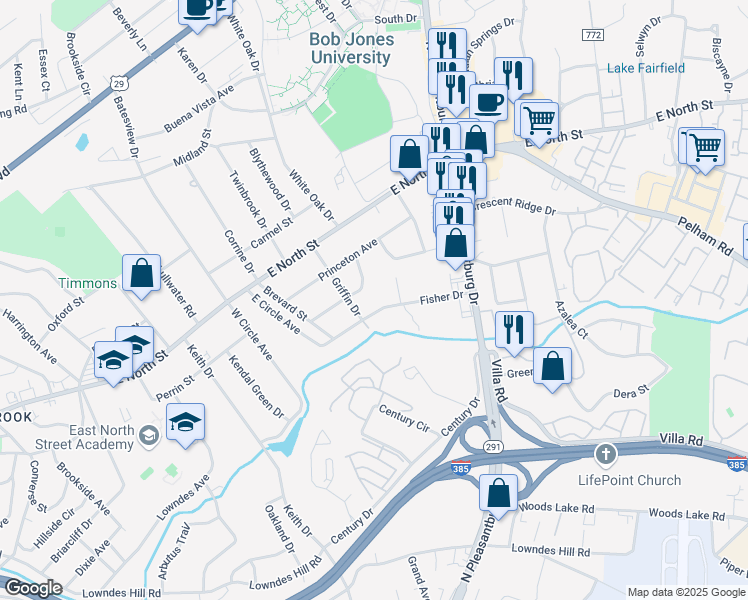 map of restaurants, bars, coffee shops, grocery stores, and more near 211 Griffin Drive in Greenville