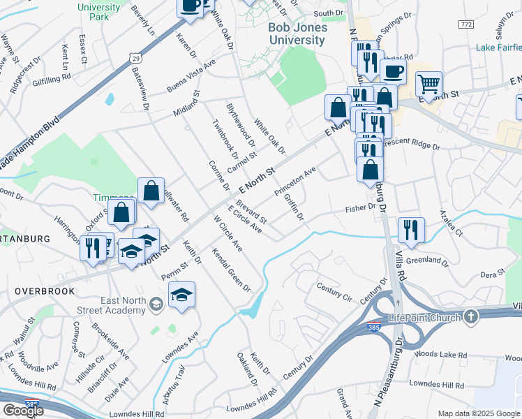 map of restaurants, bars, coffee shops, grocery stores, and more near 29 East Circle Avenue in Greenville