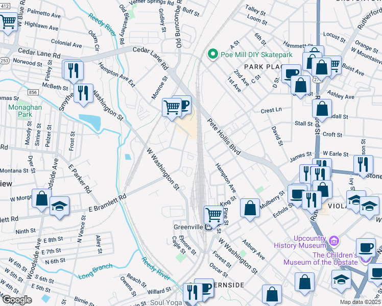 map of restaurants, bars, coffee shops, grocery stores, and more near 1103 Hampton Avenue in Greenville