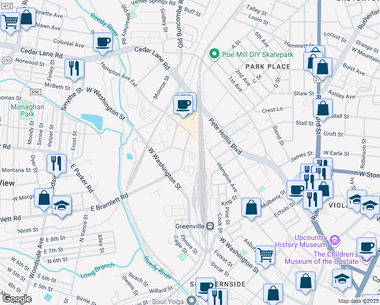 map of restaurants, bars, coffee shops, grocery stores, and more near 208 East Bramlett Road in Greenville