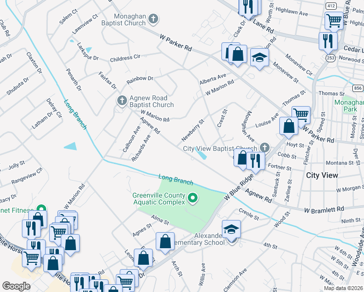 map of restaurants, bars, coffee shops, grocery stores, and more near 139 Agnew Road in Greenville