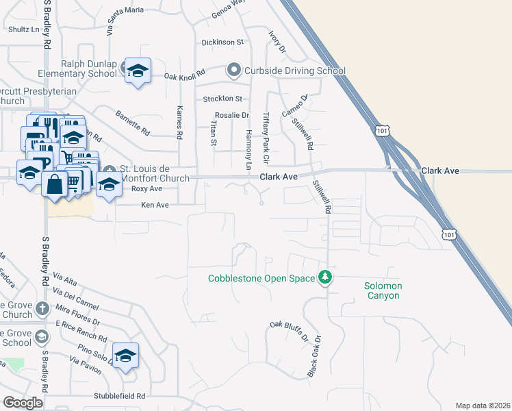 map of restaurants, bars, coffee shops, grocery stores, and more near 1519 Jensen Ranch Road in Santa Maria