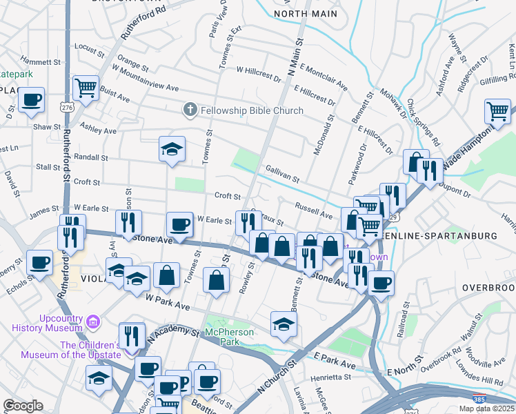 map of restaurants, bars, coffee shops, grocery stores, and more near 900 North Main Street in Greenville