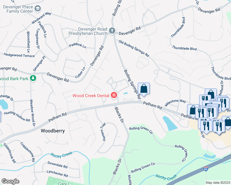 map of restaurants, bars, coffee shops, grocery stores, and more near 2101 Pelham Road in Greenville