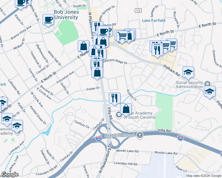 map of restaurants, bars, coffee shops, grocery stores, and more near 18 North Garden Circle in Greenville