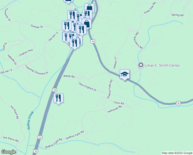 map of restaurants, bars, coffee shops, grocery stores, and more near 99 Katies Way in Clayton