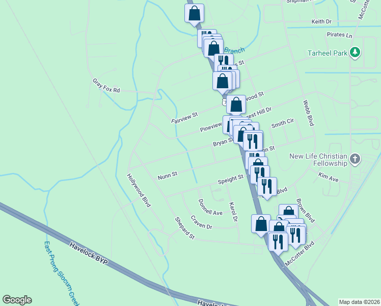 map of restaurants, bars, coffee shops, grocery stores, and more near 206 Nunn Street in Havelock