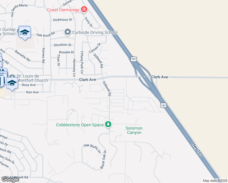 map of restaurants, bars, coffee shops, grocery stores, and more near 1600 East Clark Avenue in Santa Maria