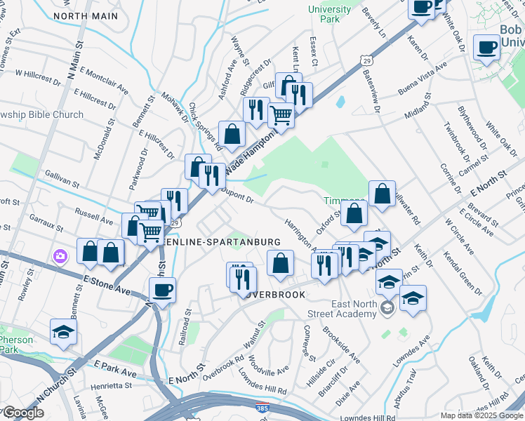 map of restaurants, bars, coffee shops, grocery stores, and more near 12382 Harrington Avenue in Greenville