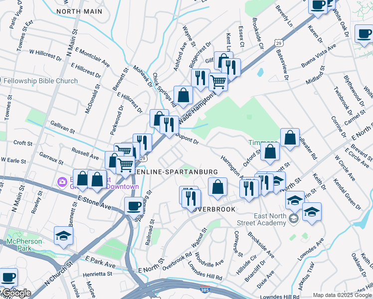 map of restaurants, bars, coffee shops, grocery stores, and more near 116 Spartanburg Street in Greenville