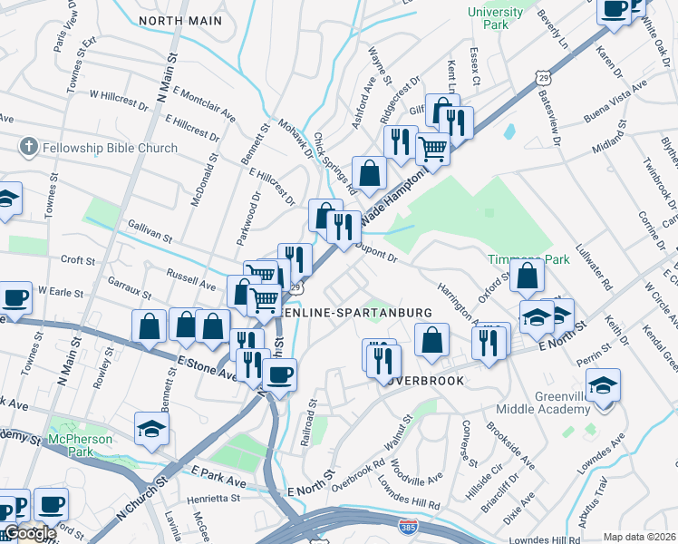 map of restaurants, bars, coffee shops, grocery stores, and more near 111 Mount Zion Avenue in Greenville