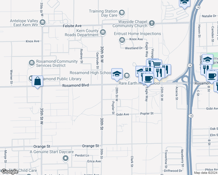 map of restaurants, bars, coffee shops, grocery stores, and more near 2960 Rosamond Boulevard in Rosamond