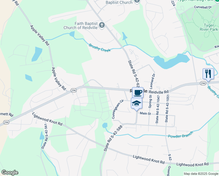 map of restaurants, bars, coffee shops, grocery stores, and more near 7498 Reidville Road in Woodruff