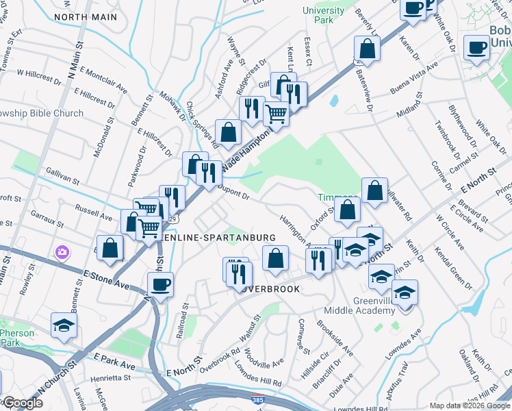 map of restaurants, bars, coffee shops, grocery stores, and more near 303 Dupont Drive in Greenville