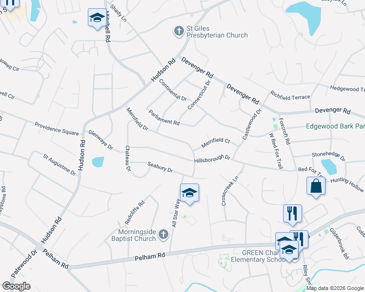 map of restaurants, bars, coffee shops, grocery stores, and more near 225 Merrifield Drive in Greenville