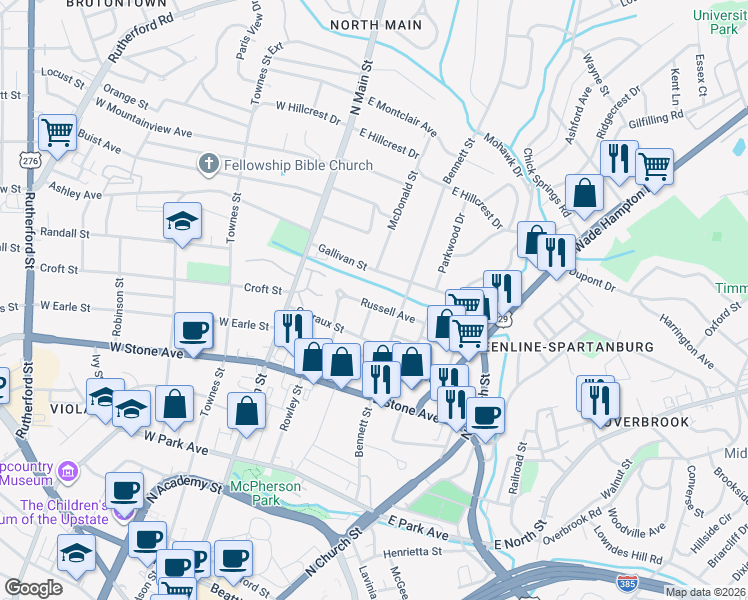 map of restaurants, bars, coffee shops, grocery stores, and more near 108 Gallivan Street in Greenville