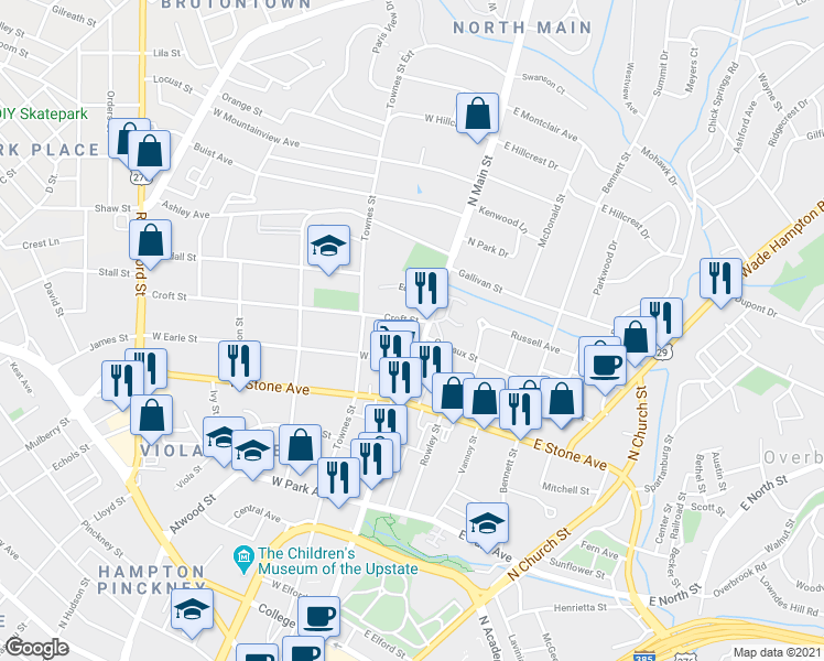 map of restaurants, bars, coffee shops, grocery stores, and more near 3 Edge Court in Greenville