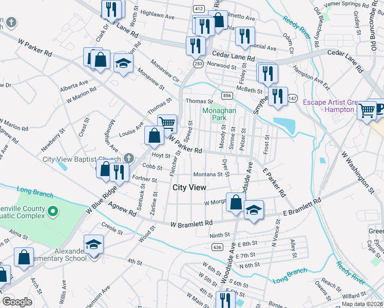 map of restaurants, bars, coffee shops, grocery stores, and more near 4 Beattie Street in Greenville