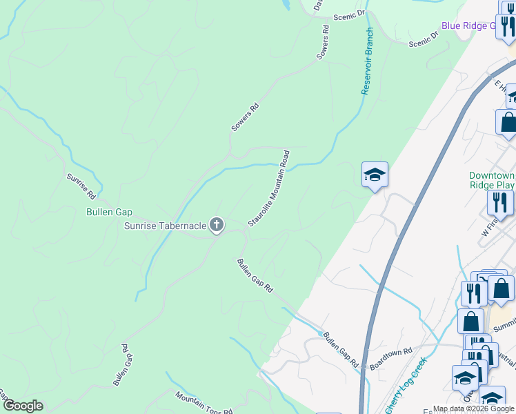 map of restaurants, bars, coffee shops, grocery stores, and more near 78 Long View Lane in Blue Ridge