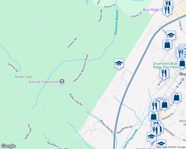 map of restaurants, bars, coffee shops, grocery stores, and more near 320 Amber Ridge in Blue Ridge