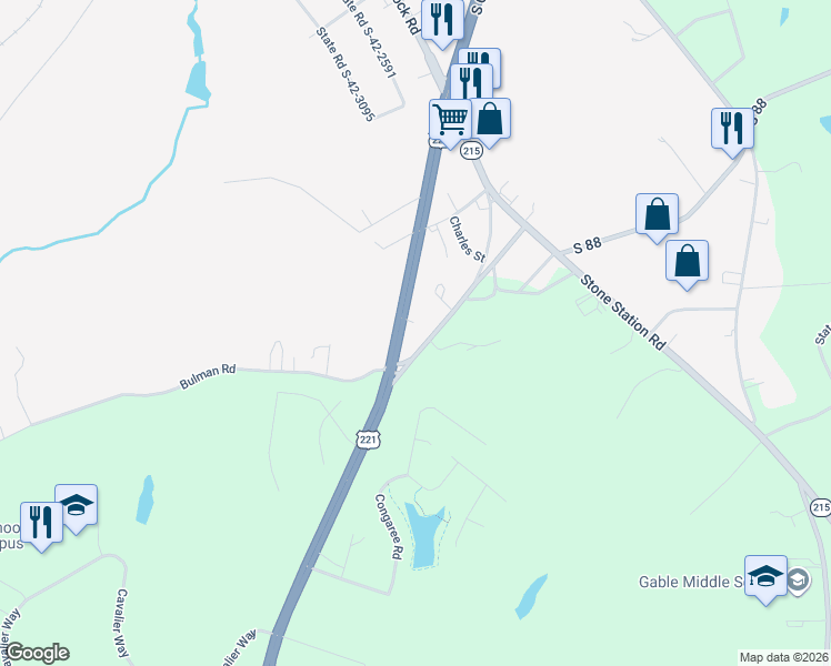 map of restaurants, bars, coffee shops, grocery stores, and more near 210 Happy Lane in Roebuck