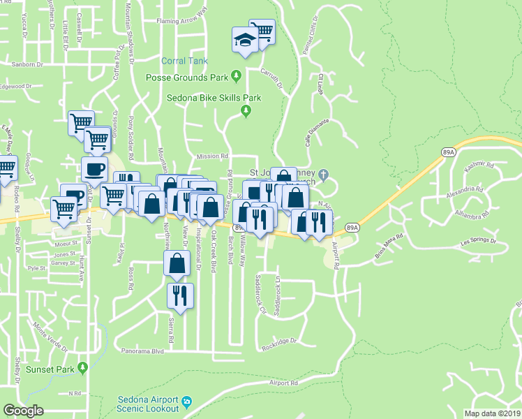 map of restaurants, bars, coffee shops, grocery stores, and more near 1380 Vista Montana Road in Sedona