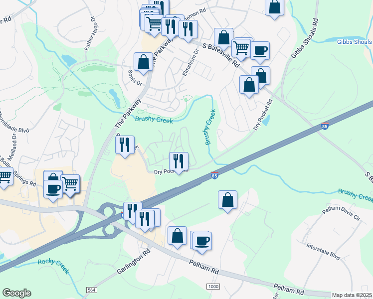map of restaurants, bars, coffee shops, grocery stores, and more near 2670 Dry Pocket Road in Greenville