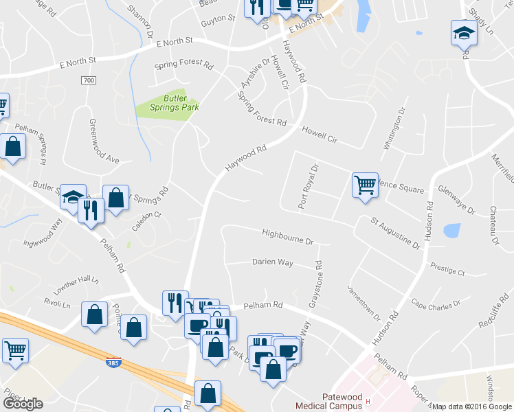 map of restaurants, bars, coffee shops, grocery stores, and more near 19 Hawthorne Park Court in Greenville