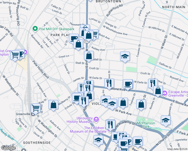 map of restaurants, bars, coffee shops, grocery stores, and more near 403 Croft Street in Greenville