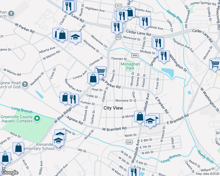 map of restaurants, bars, coffee shops, grocery stores, and more near 803 West Parker Road in Greenville