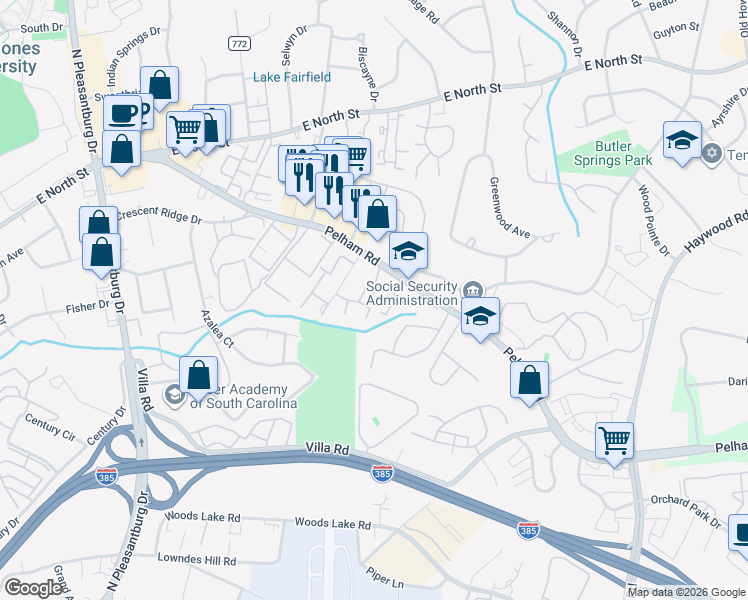map of restaurants, bars, coffee shops, grocery stores, and more near 300 Pelham Road in Greenville