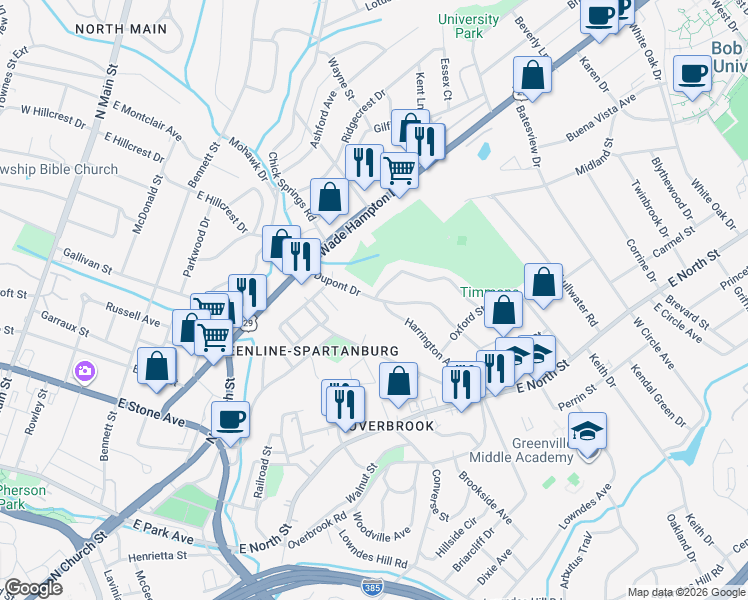 map of restaurants, bars, coffee shops, grocery stores, and more near 301 Dupont Drive in Greenville