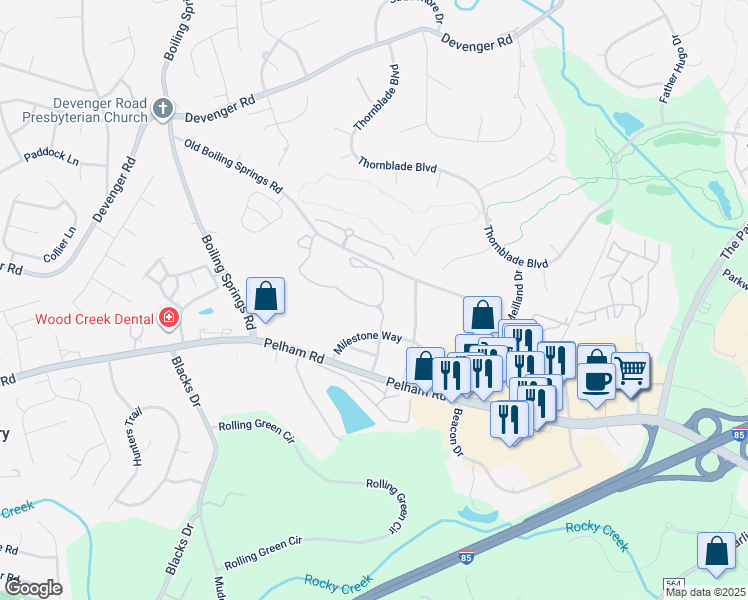 map of restaurants, bars, coffee shops, grocery stores, and more near 150 Oak Ridge Place in Greenville