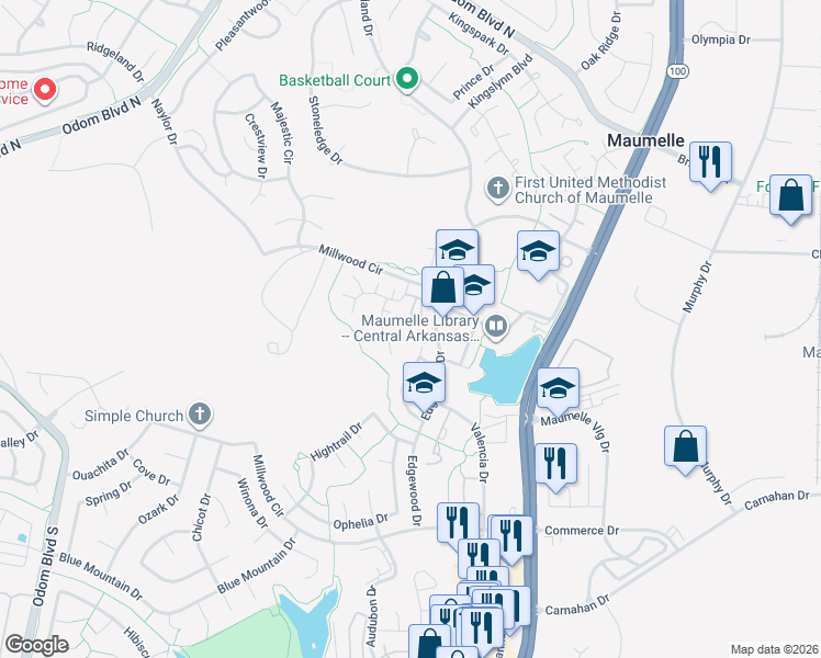 map of restaurants, bars, coffee shops, grocery stores, and more near 6 Idlewood Place in Maumelle