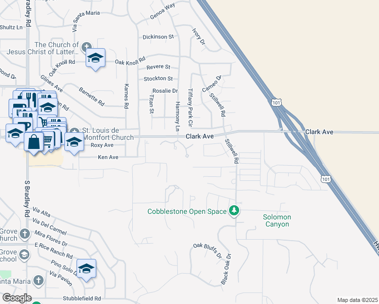 map of restaurants, bars, coffee shops, grocery stores, and more near 1518 Oakridge Park Road in Santa Maria