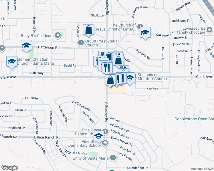map of restaurants, bars, coffee shops, grocery stores, and more near 1104 East Clark Avenue in Orcutt