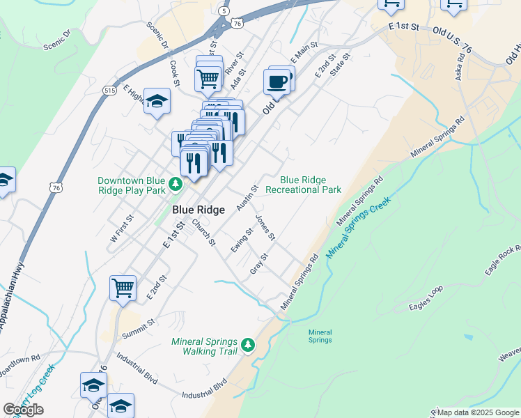 map of restaurants, bars, coffee shops, grocery stores, and more near 125 Jones Street in Blue Ridge