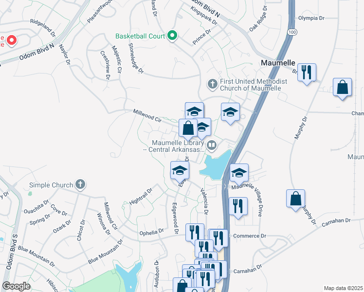 map of restaurants, bars, coffee shops, grocery stores, and more near 28 Edgehill Cove in Maumelle