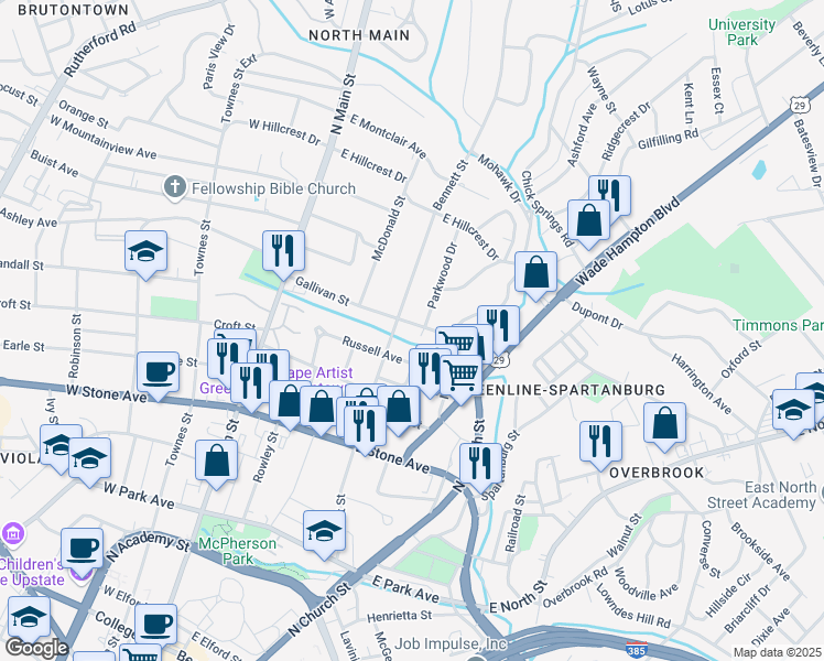 map of restaurants, bars, coffee shops, grocery stores, and more near 200 Gallivan Street in Greenville