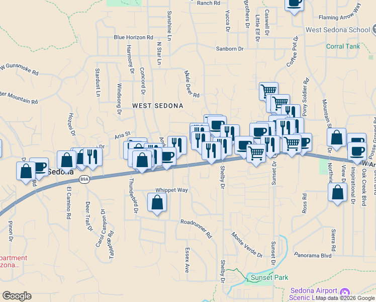 map of restaurants, bars, coffee shops, grocery stores, and more near 65 Madole Road in Sedona