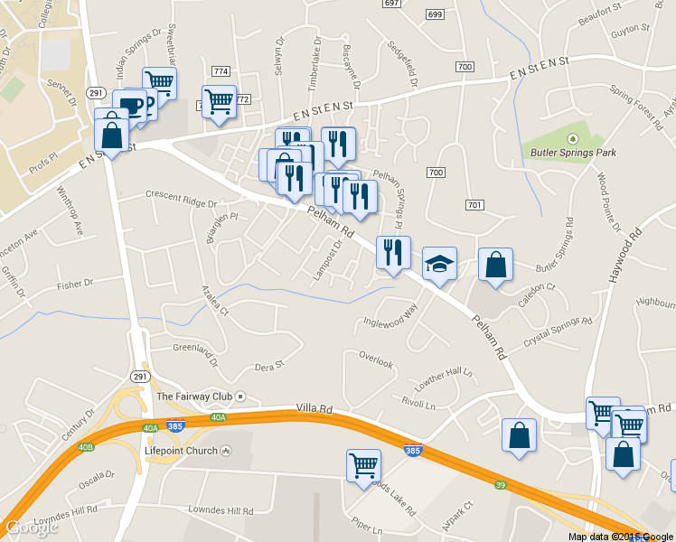 map of restaurants, bars, coffee shops, grocery stores, and more near 300 Pelham Road in Greenville
