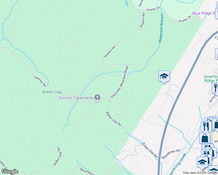 map of restaurants, bars, coffee shops, grocery stores, and more near Long View Lane in Blue Ridge