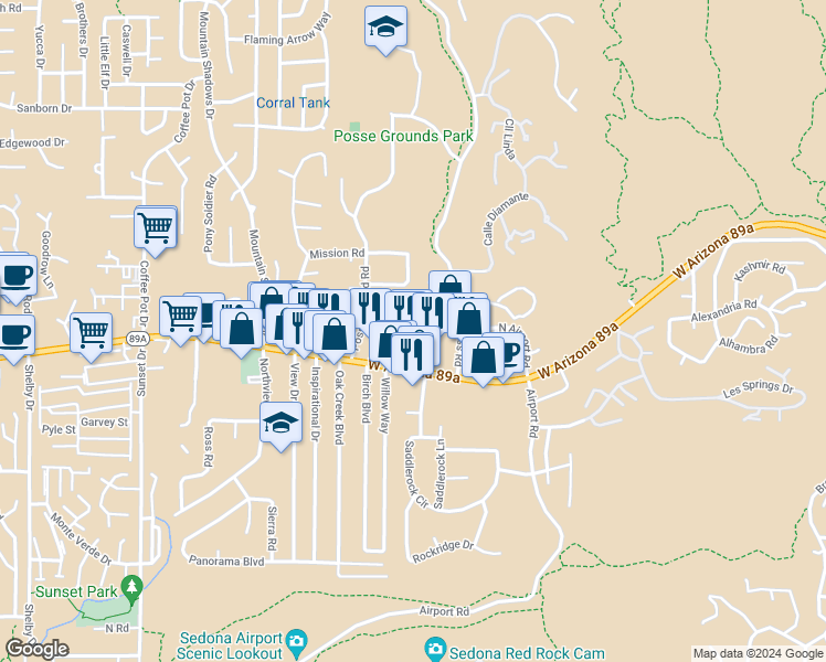 map of restaurants, bars, coffee shops, grocery stores, and more near 1395 Vista Montana Road in Sedona