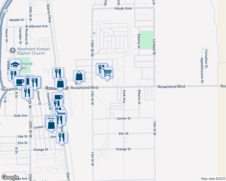 map of restaurants, bars, coffee shops, grocery stores, and more near 1332 Rosamond Boulevard in Rosamond